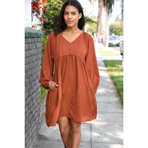 Rust Crepe V Neck Raglan Babydoll Dress - Picture 8 of 12